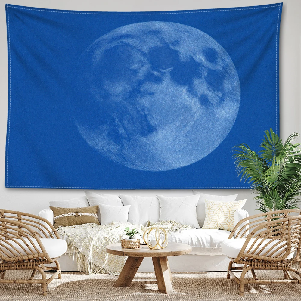 Deep Blue Full Moon Texture Printed Tapestry Wall Hanging Bohemian Style Bedroom Home Decor