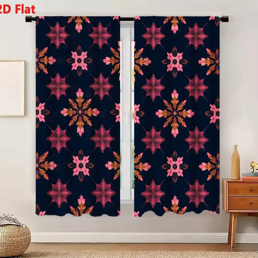 2Pcs Curtains 2D Flat Deep Navy Blue Seamless Pattern With Pink And Copper Floral Motifs Window Drapes for Bedroom Room Decor De