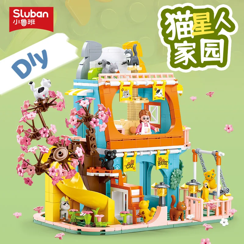 Sluban Girls Pet Home Villa Meow Star House Building Blocks Cartoon Street View Model Girl Friendship Figure Bricks Toy Gift