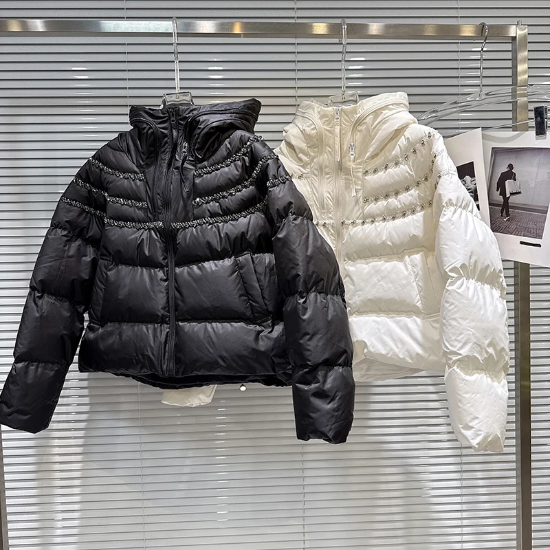 2025 Inverno Nuovo stile americano Industria pesante Bordo di perforazione Crimpatura Giacca in cotone caldo con cappuccio Cappotto di design alla moda