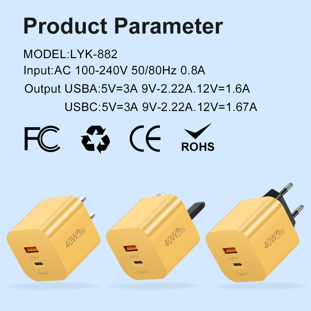 40W USB PD Charger Quick Charger 3.0 Fast Charging Type C Charger Power Adapter For iPhone 15 Xiaomi Samsung Huawei Wall Charger