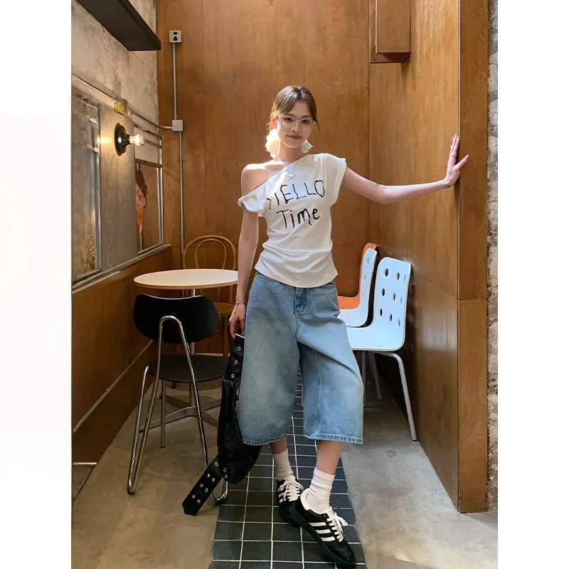 

Light Blue Denim Jeans Women's 7/8 Length High Waist Loose Fit Spring Summer Casual High Waist Zipper Fly Blue Jeans