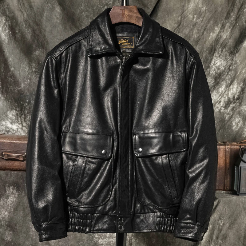 Black Autumn Pilot Leather Jacket Men Retro Style Plus Size 5XL Genuine Natural Cowhie Flight Leather Coat