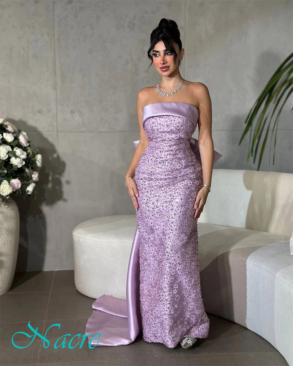 

Customized Elegant Satin Evening Dress Delicate Strapless Prom Dresses Temperament Court Train Bow Special Occasion Gowns