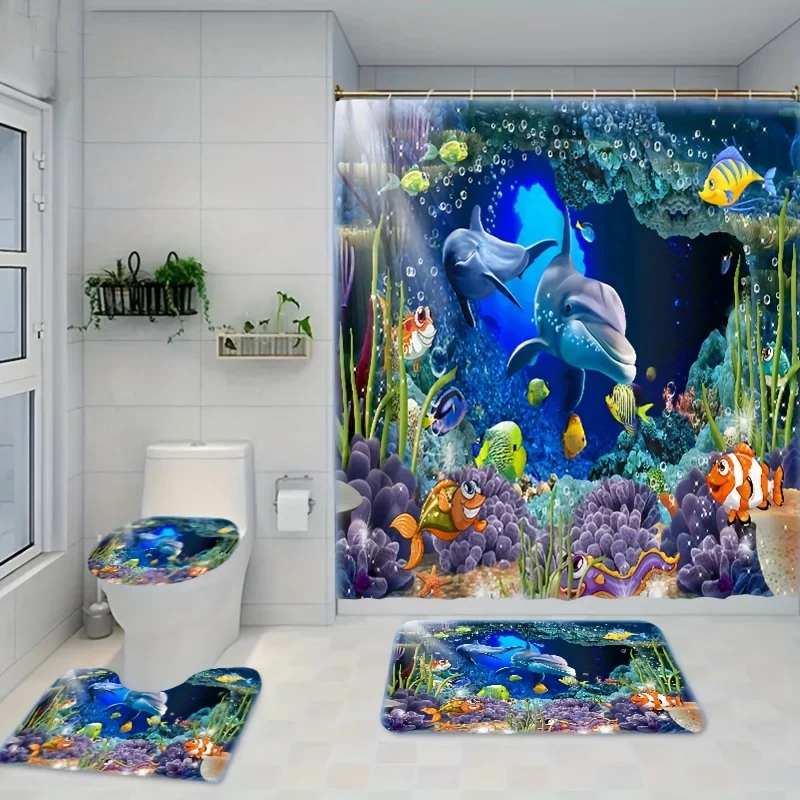 1/3/4pcs Dolphin Fish Printed Shower Curtain Set, Waterproof Shower Curtain With Hooks, Non-Slip Bath Rug, Toilet U-Shape Mat, T