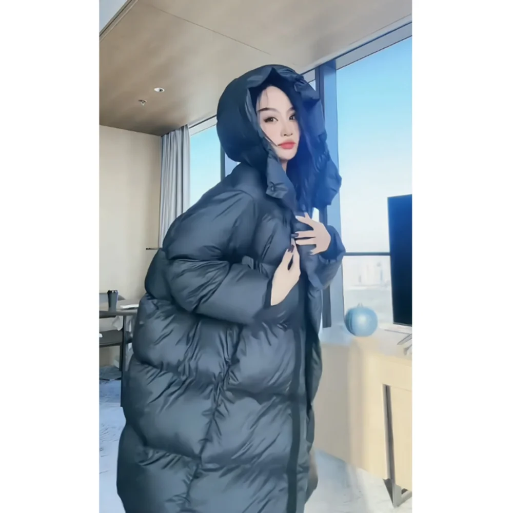 Women\'s Down Jacket in The Long Cocoon Thickened Hooded Jacket Loose Korean Version of The Bread Clothing Outdoor Warmth