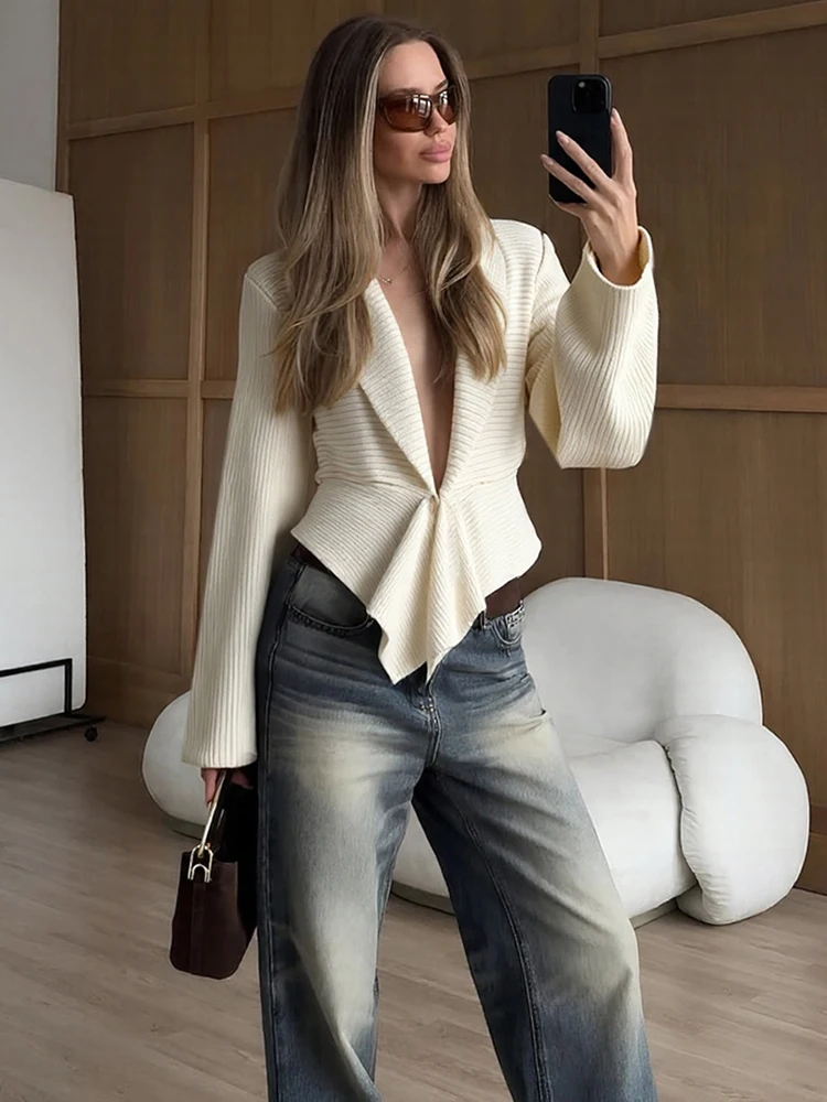 

Weird Puss Single Button Cardigan Sweater Woman Elegant Deep V-Neck Full Sleeve Irregular Office Simple Streetwear Jackets Coat