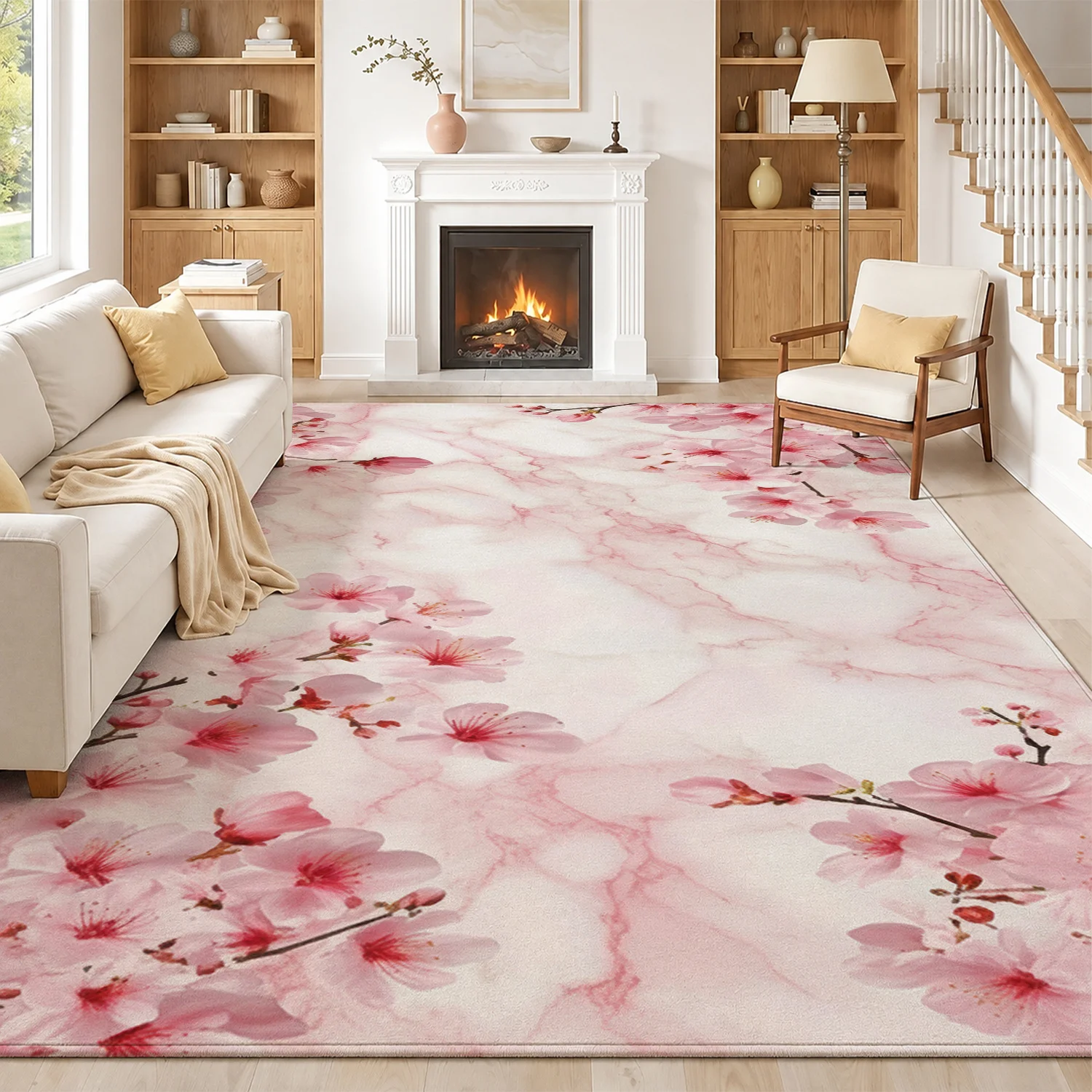 Large Indoor Area Rug, Soft Velvet Low Pile with Non-Slip Dotted Backing, Machine Washable, Pink Cherry Blossom Marble Pattern for Living Room, Bedroom, Entryway