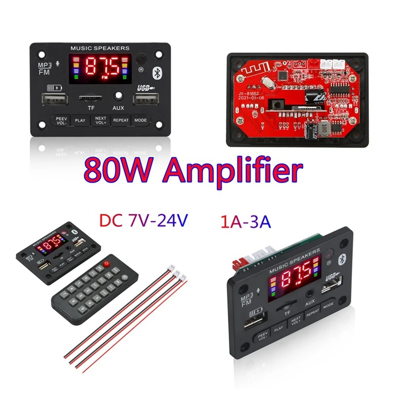 Amplificador de Áudio Digital Doméstico, Placa Decodificadora Bluetooth, Auto-falantes de Música, HiFi, FM, USB, Baixo, 12V-24V, 80W