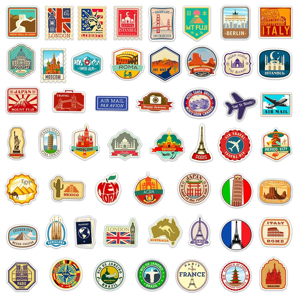 10/30/50PCS Vintage Travel Map Sign Building Cartoon Stickers DIY Laptop Luggage Skateboard Graffiti Decals Sticker for Kid