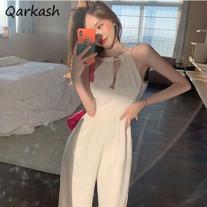 Jumpsuits Women Halter Lace Up Ruffle Hollow Out Backless Design Sexy High Waist Beach Vacation Korean Fashion Temperament New