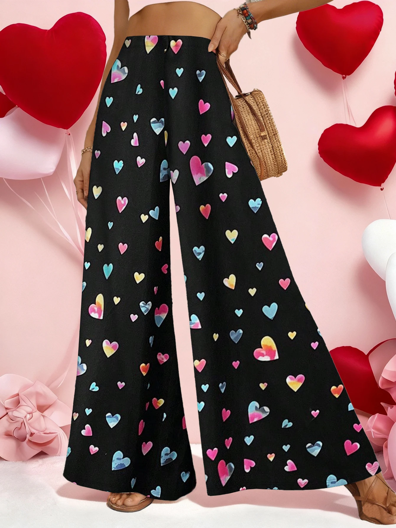 Women Colorful Heart Print High Waist Wide Leg Pants Loose Flowy Casual Vacation Valentine Trousers Standard Size