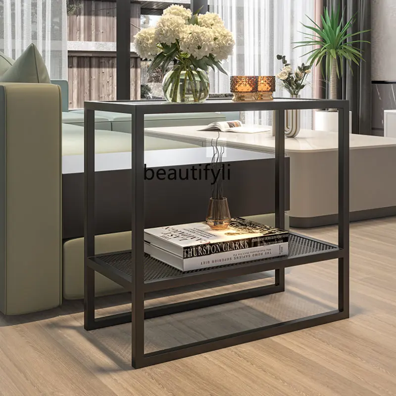 Light Luxury Rectangular Glass Side Table Living Room Simple Corner Table Nordic Iron Small Coffee Table Sofa Edge Narrow Table