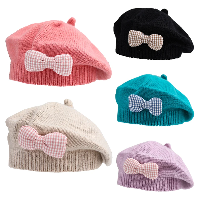 

Зимняя детская вязаная шапка для девочек, детские береты с бантиками принцессы, шапки для маленьких девочек, аксессуары для малышей, милые шапки-бини для младенцев, От 1 до 4 лет