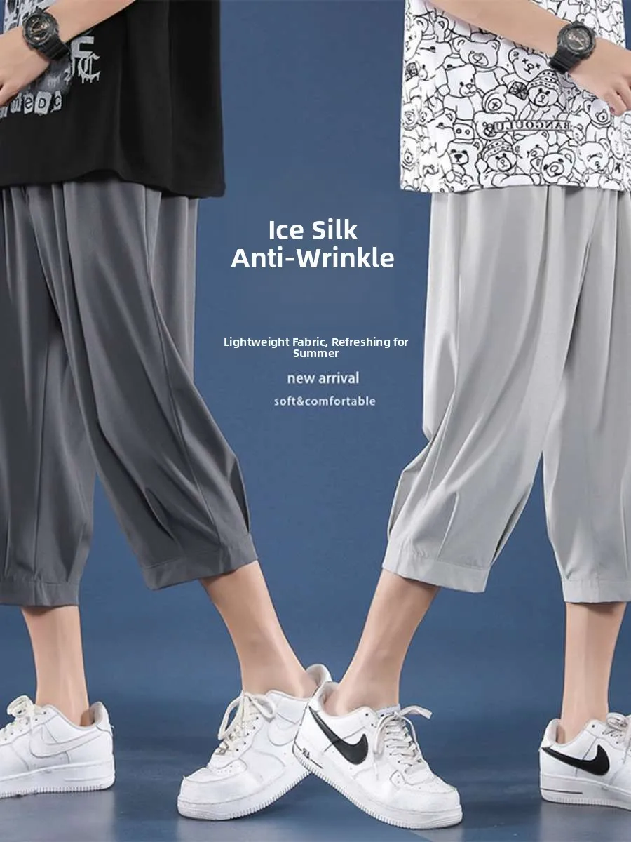 

Мужские летние повседневные спортивные брюки из ледяного шелка, свободного кроя, укороченные (7/8), тонкие, черные, со средней посадкой, зауженные к низу, с микроэластаном, однотонные