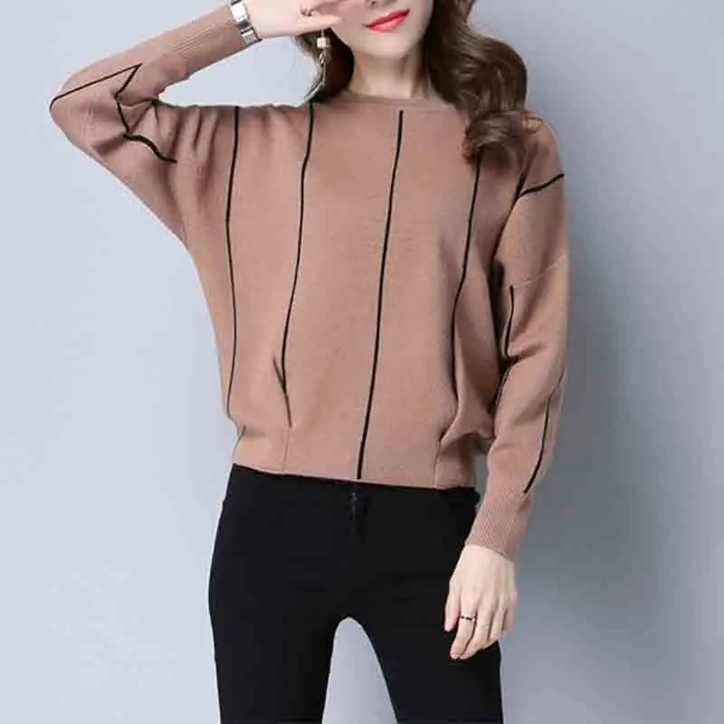 

Fashion Women Clothing Korean Sweater Spring Autumn New Bat Long Sleeve Loose Versatile Casual Striped Knitted Pullovers Tops