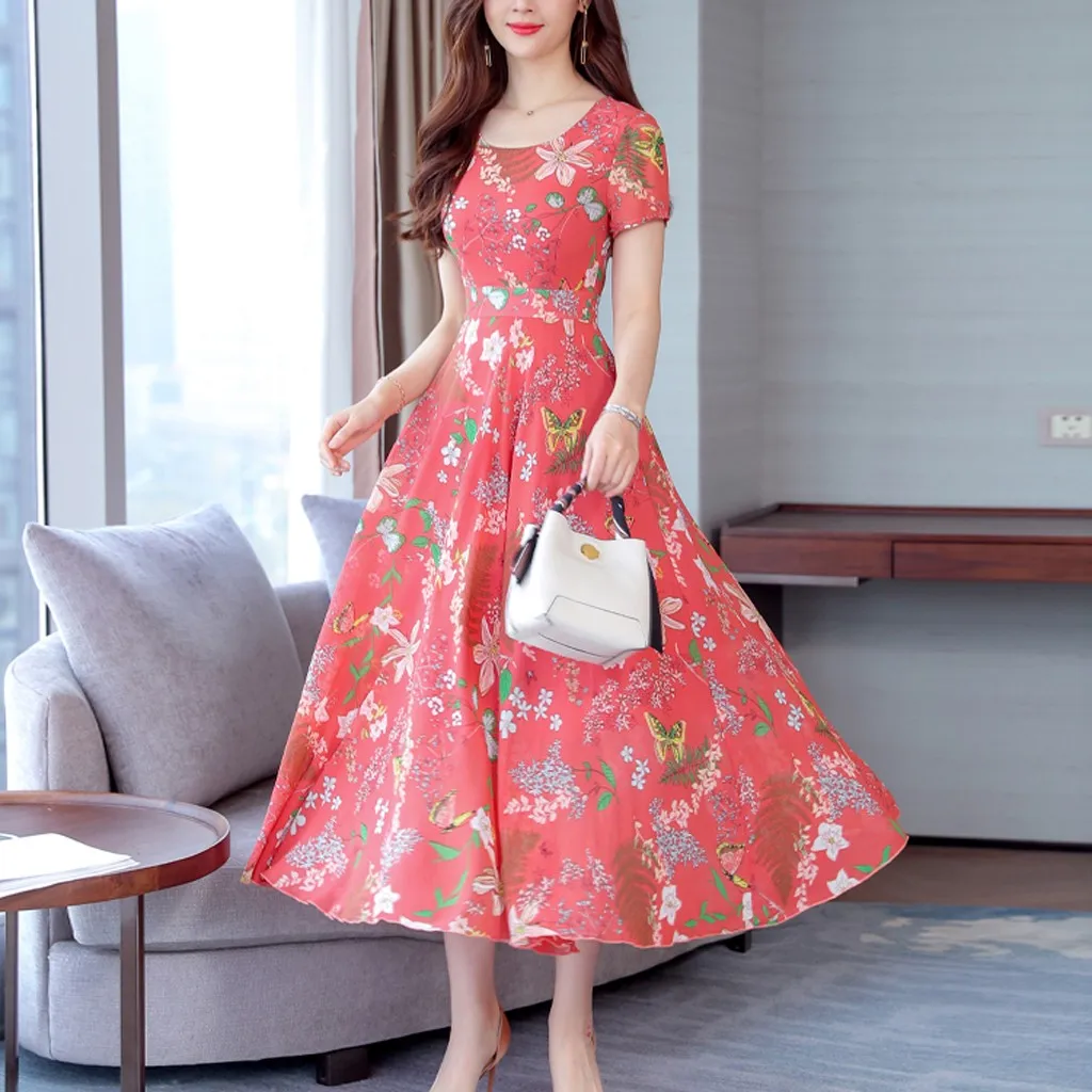 

Short Sleeve Floral Printing Vantage Mid-Calf Dress Women Summer Beach Fashion A Line Dress High Waist Elegant Swing Dresses