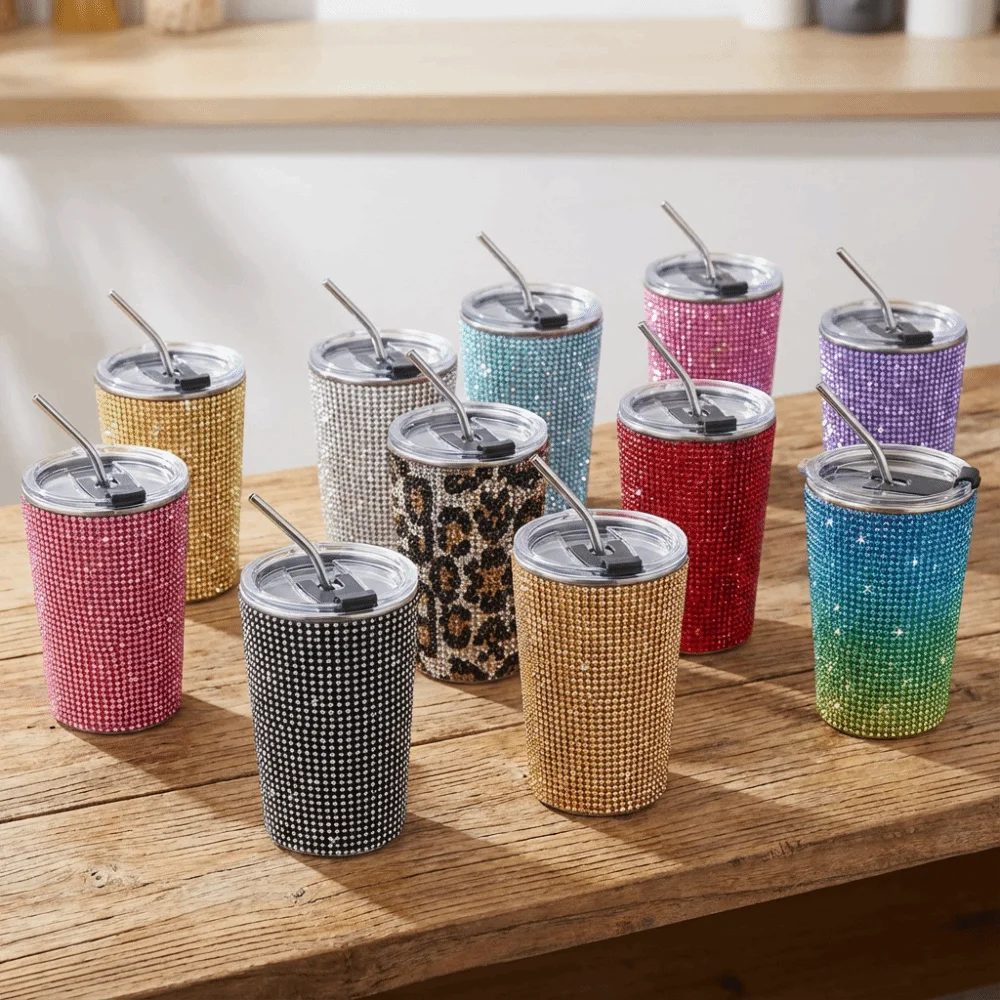 Durable 500ml Rhinestone Water Cup Bling Sparkling Glitter Coffee Mug Unbreakable Reusable Creative Straw Cup Champagne Party