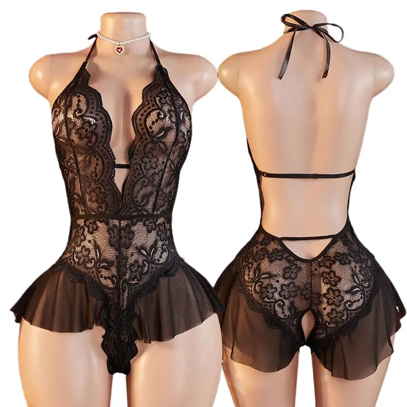 

Прозрачное сексуальное женское белье: кружевное боди с глубоким V-образным вырезом, открытой промежностью и вырезами, комплект нижнего белья, эротический костюм-бэбидолл