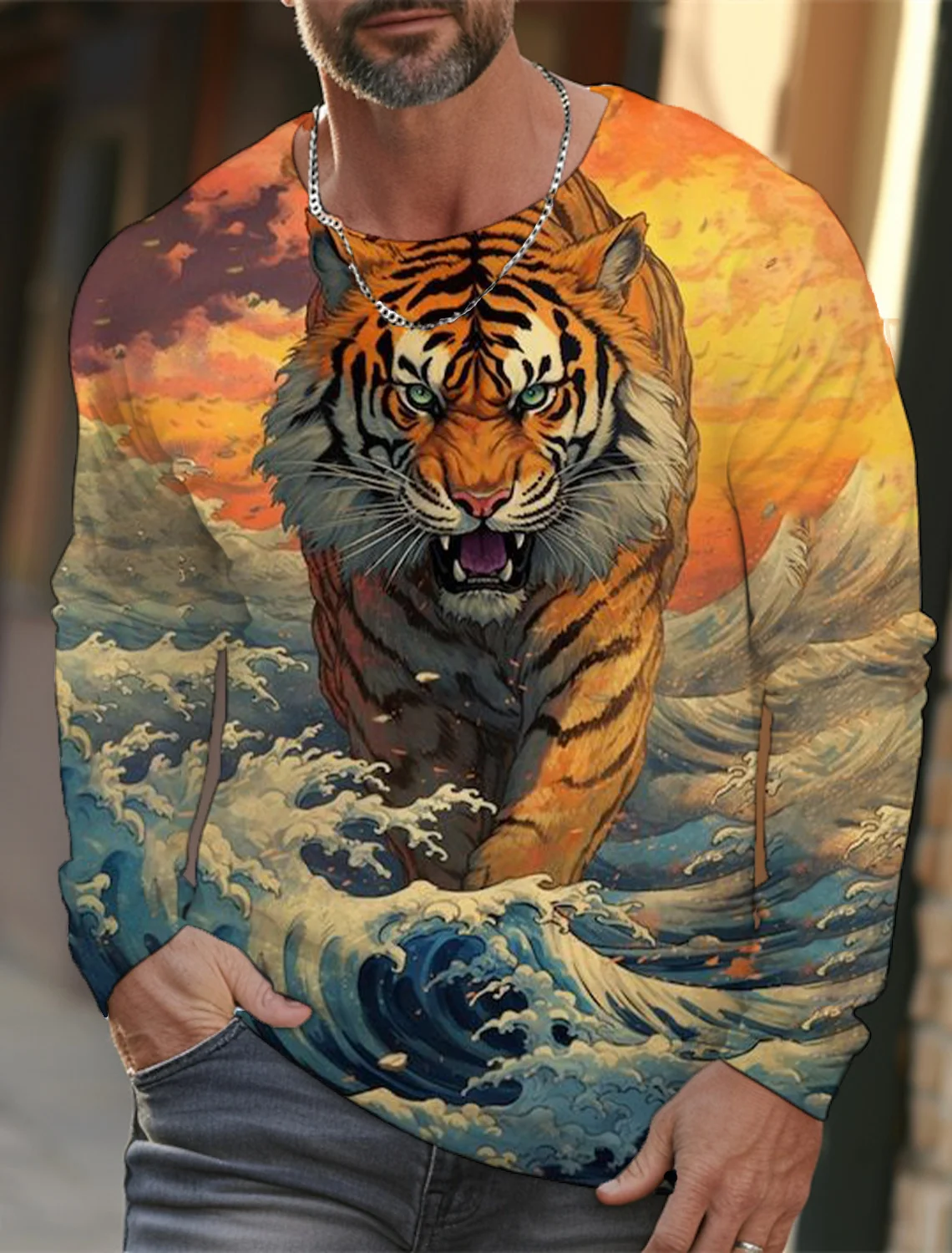 Ukiyoe Style Wave Tiger Graphic Men's Long Sleeve T-shirts 3D Print O-Neck T shirt Fashion Casual Sports Tops Loose Men Clothing