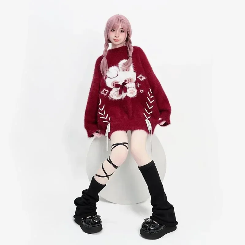 Deeptown Red Lace Up Sweaters Women Y2k Harajuku Rabbit Patchwork Japanese Fashion Knit Pullovers Sweet Winter Christmas Thermal