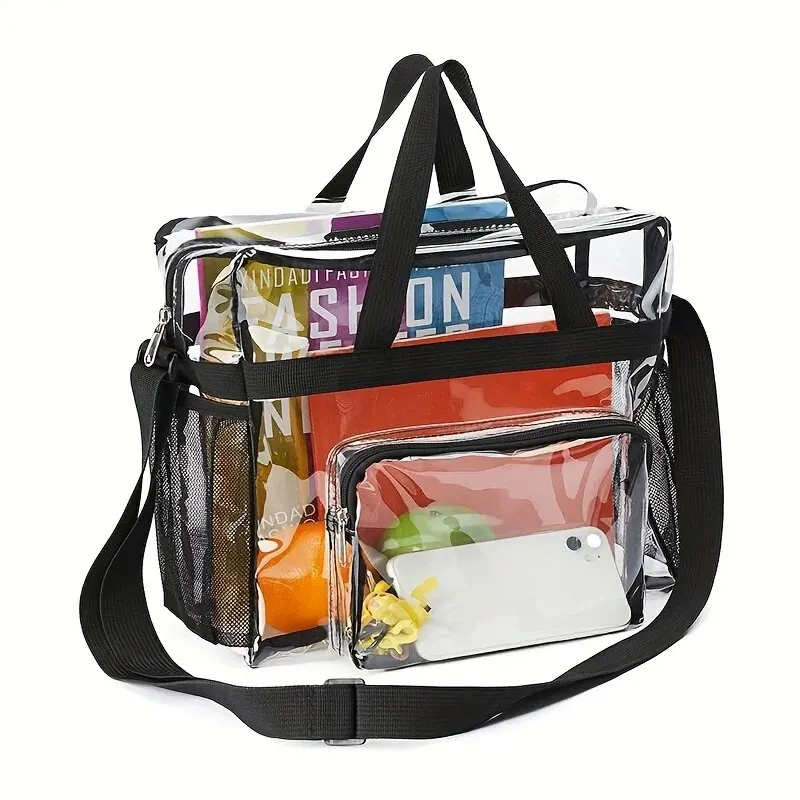 Transparent PVC Tote Bag, Multi Pockets Shoulder Bag, Lightweight Waterproof Travel Storage Bag