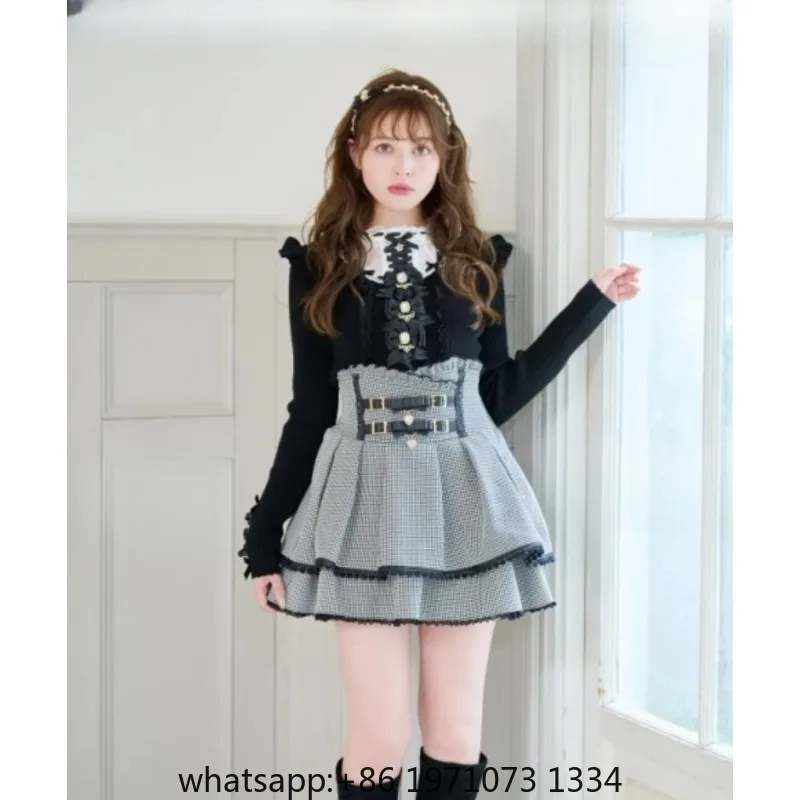 Japanese Cute Sweet Bow Black Liz Sweater Pullover Lolita Girls 2025 Autumn New Lace Patchwork Slimming Knitted Sweaters Top