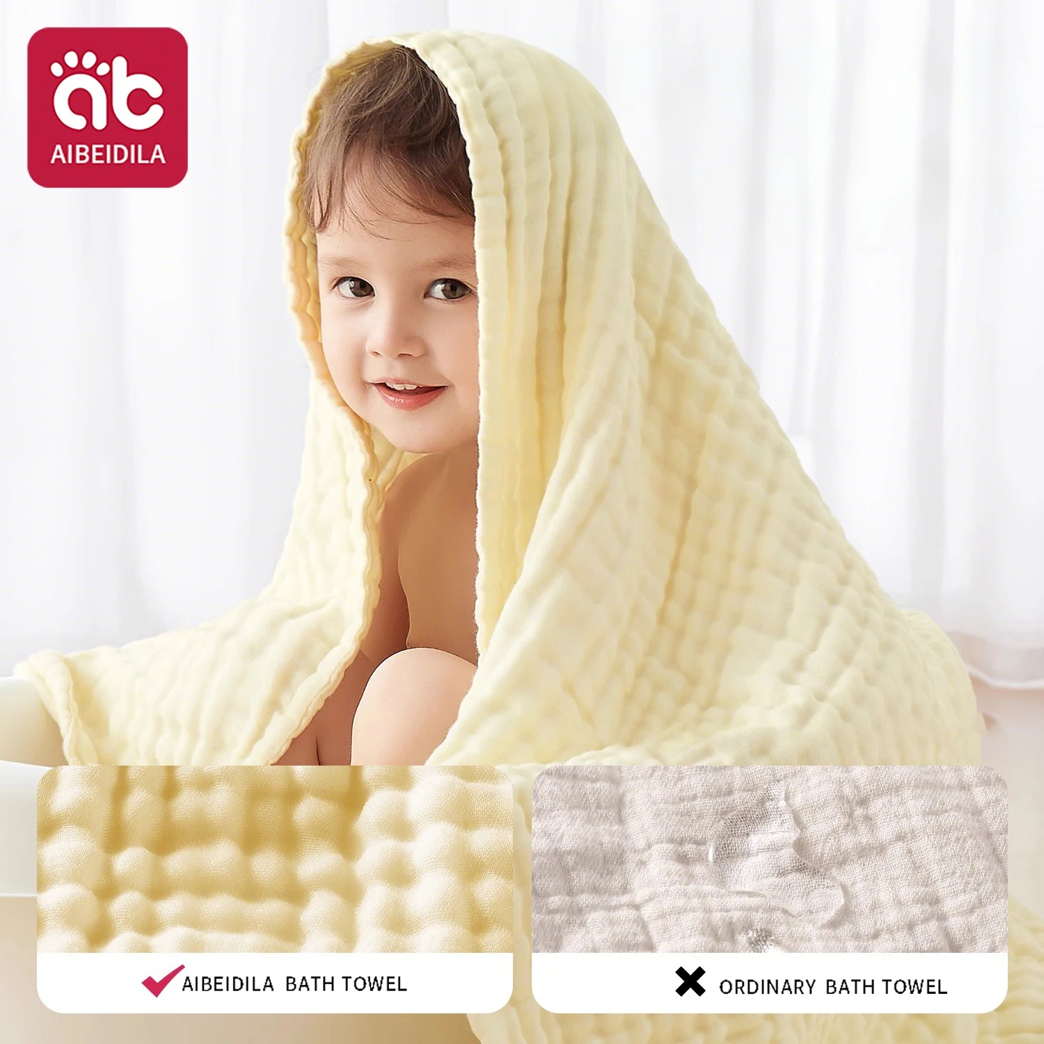 AIBEDILA 6-Layer Gauze Cotton Baby Bath Towel 90x90cm Newborn Muslin Swaddle Wrap Absorbent Bath Blanket for Boys Girls 0-3Y