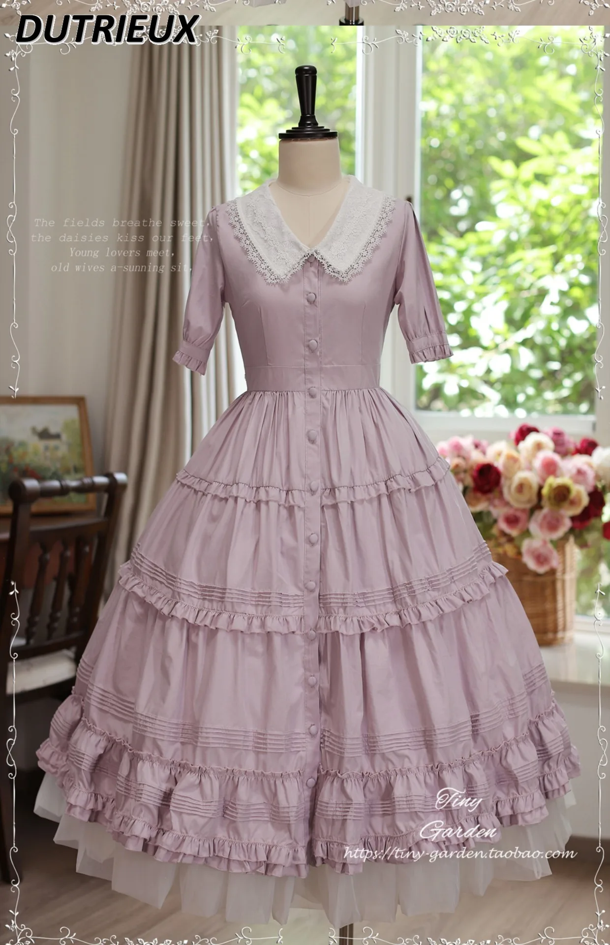 

French Sweet Girl Lace Lapel Single Breasted Dress Lolita Short Sleeve OP High Waist Slim Fit Solid Color Long Dresses