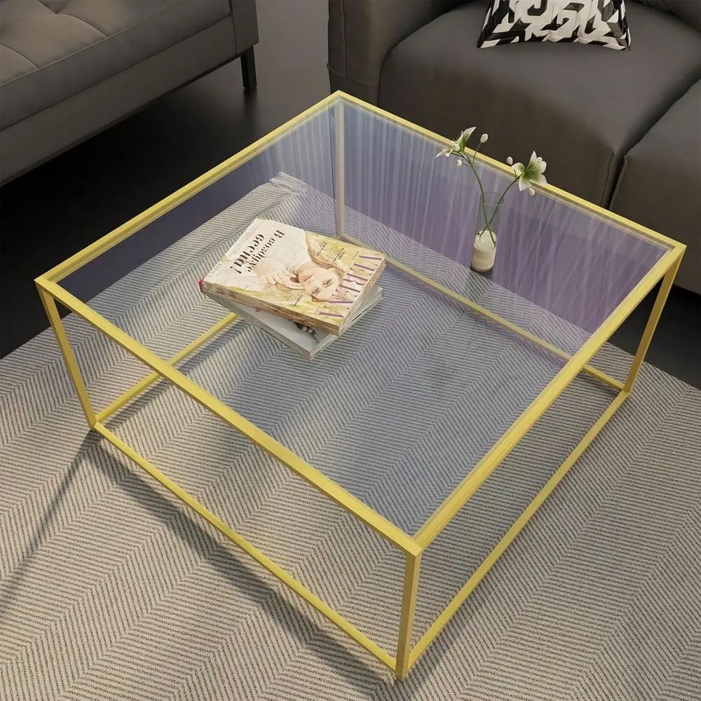 

Modern Center Coffee Table with Tempered Glass Top, Sturdy Metal Frame Minimalist Tea Table for Living Room
