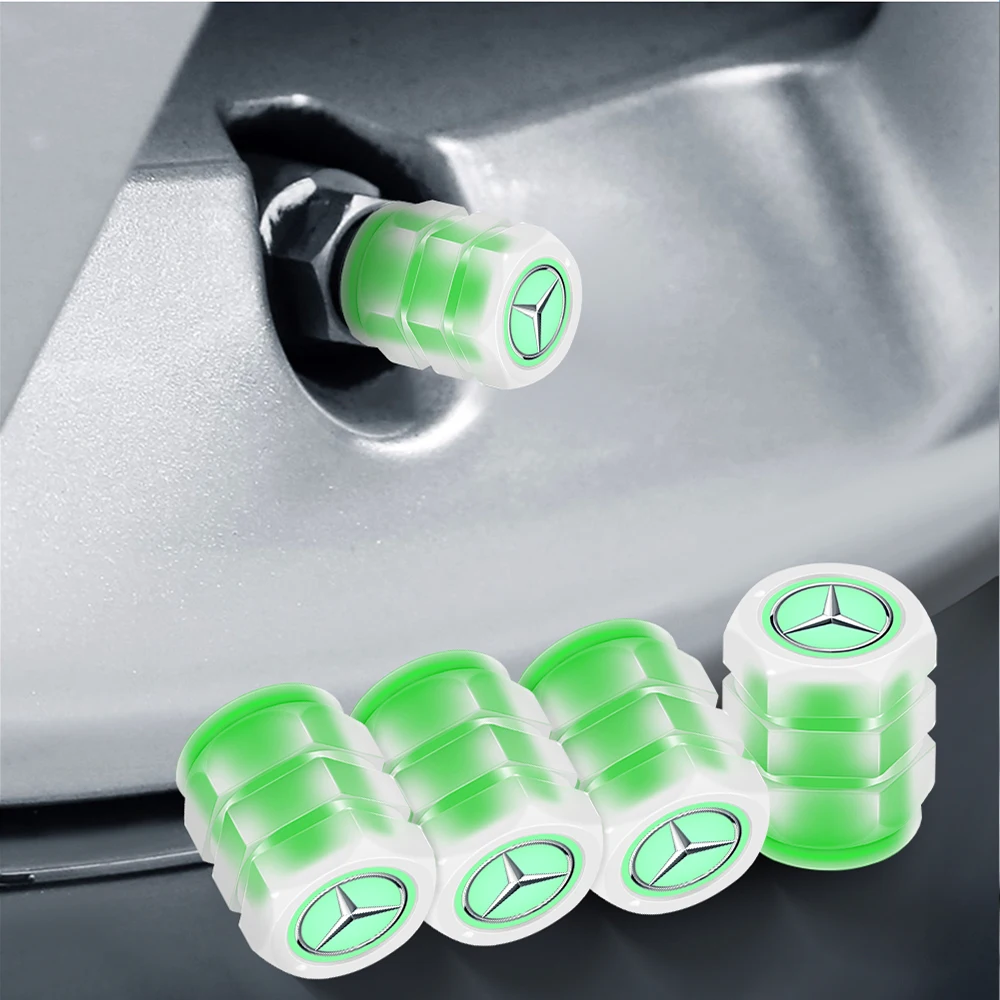 4pcs Car Styling Green Glowing Luminous Tire Valve Stem Caps Accessories for AMG Mercedes Benz A C E R M Class CLA GLA W204 W210