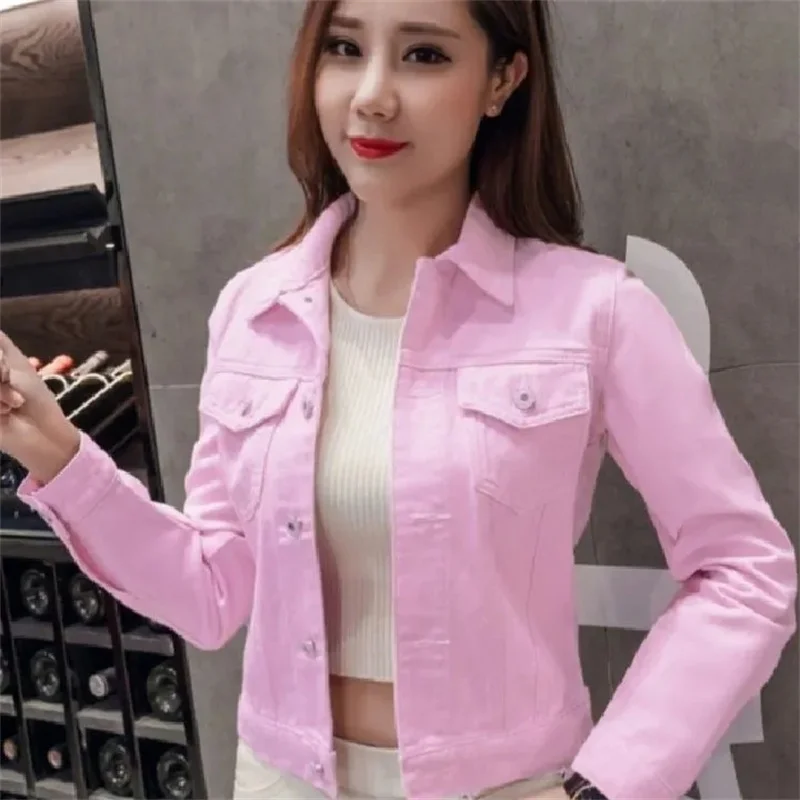 Jaqueta de cowboy feminina curta fino ajuste versão coreana jaqueta nova rosa branco primavera e outono versátil tendência denim jaquetas