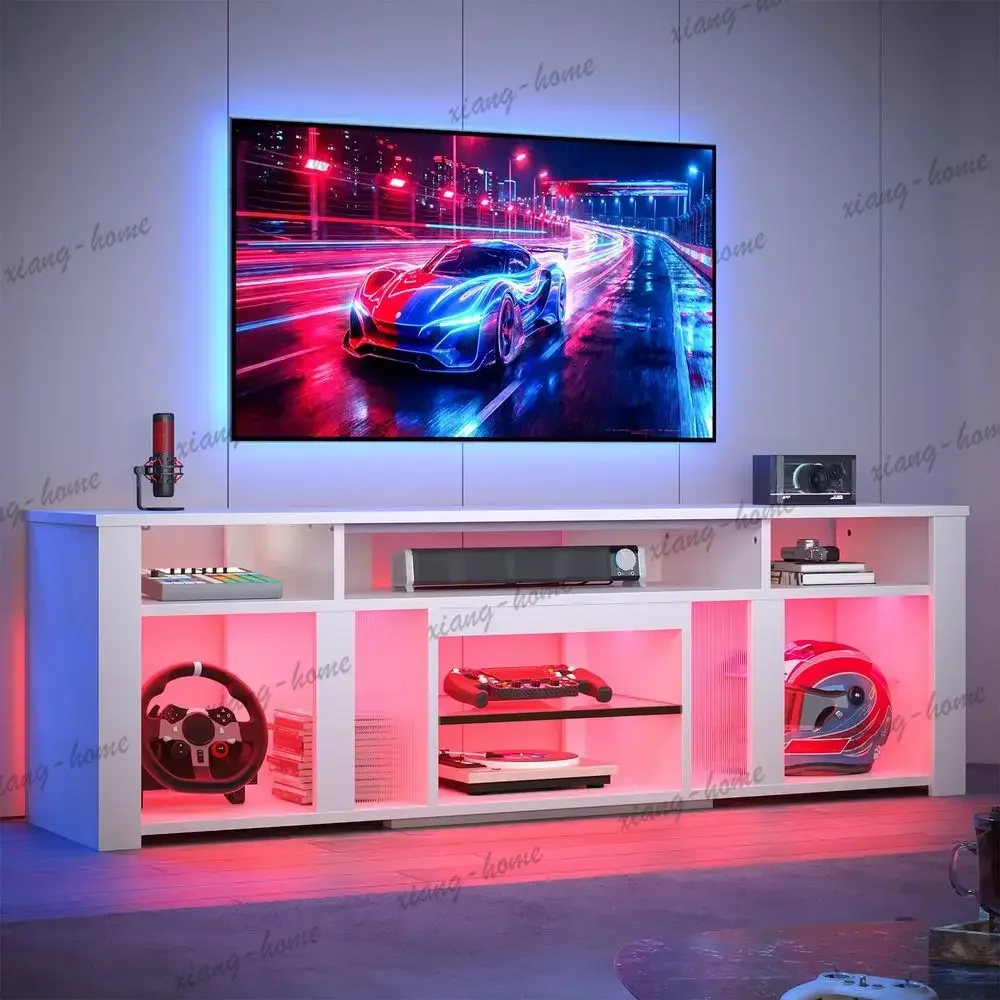 ls80 Inch TV Stand for 85 Inch TVs, Modern Open Entertainment Center with LED Lights amp Adjustable Shelves, Media Console for G