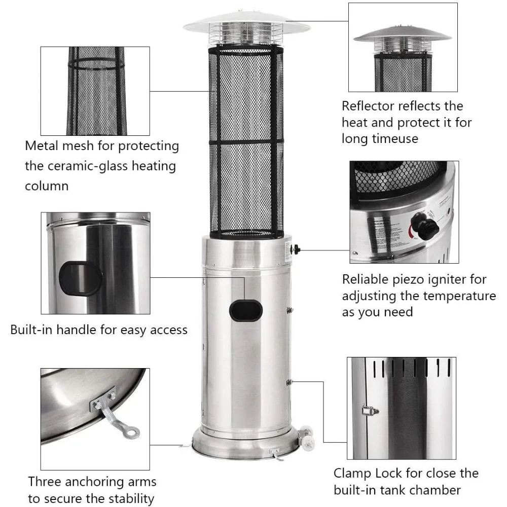Пропановый обогреватель для патио, напольный электрический обогреватель с колесами, танцевальное пламя, трубка из кварцевого стекла, нержавеющая сталь, круглое пространство