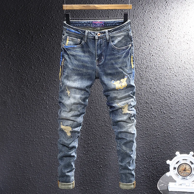 

Street Fashion Men Jeans Retro Blue Stretch Slim Fit Painted Ripped Jeans Men Zipper Pocket Designer Hip Hop Vintage Denim Pants