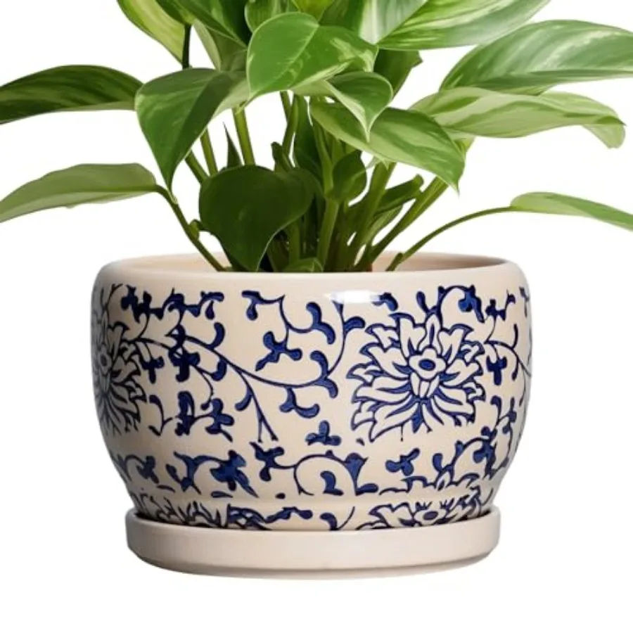 

Ceramic Planters for door Plants - 8 ch Plant Pot with Draage Hole and Saucer, Decorative Flower Pot Outdoor, Porcela Round Pla