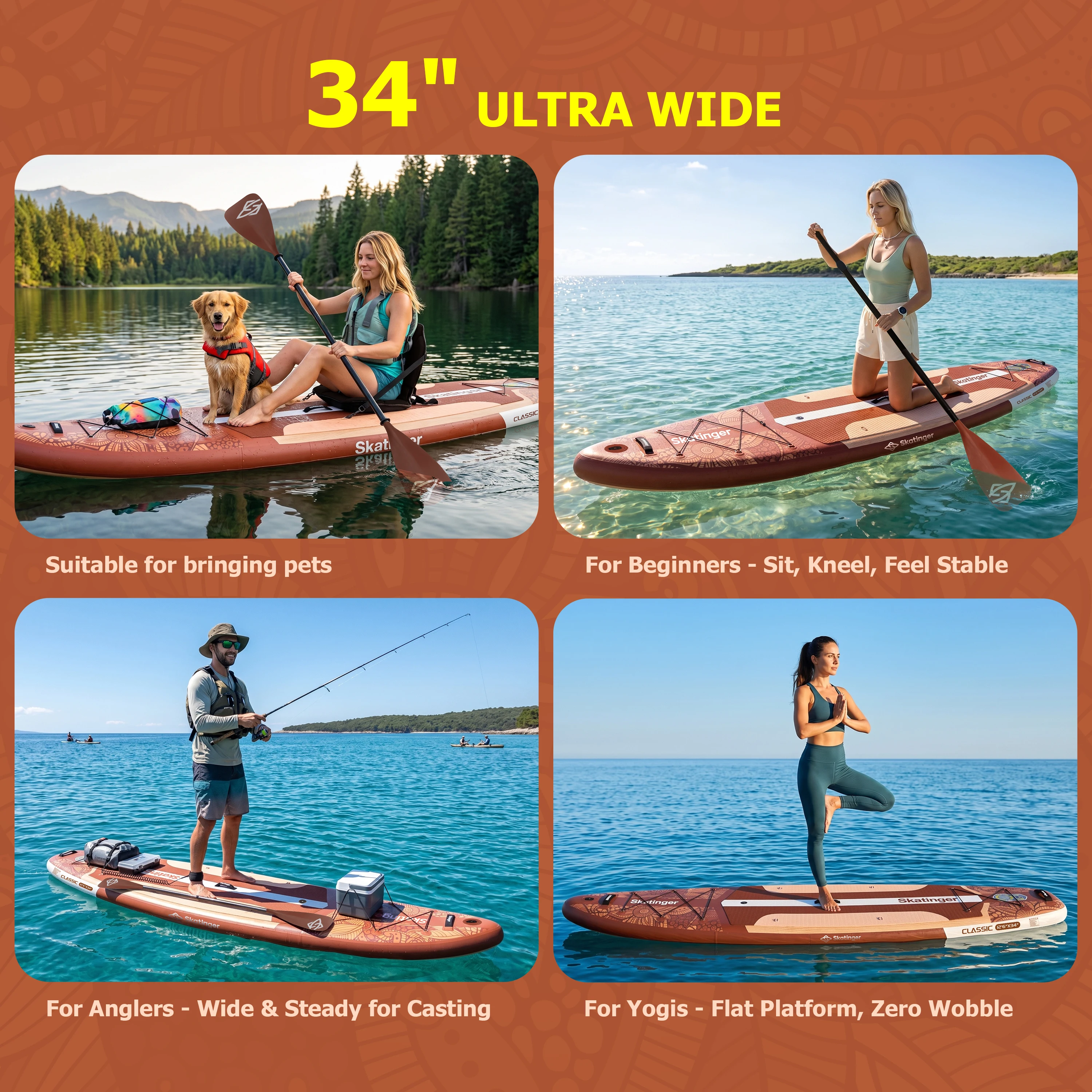 SKATINGER 12'6''x34''x6'' Inflatable Paddle Board for Adults Waterproof Standing Style SUP Board with Accessories for Aquatic