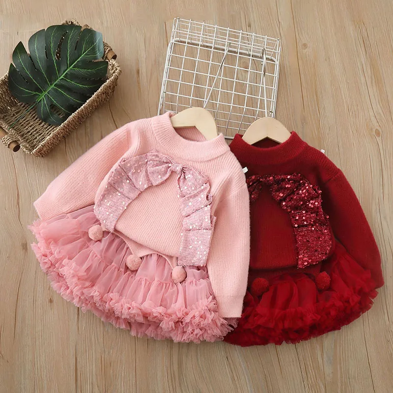 New Autumn Kids Sweater Set Sweet Sequin Bow Girls Pullover + Tutu Skirt Korean Version Children Knitted Outfit 2-6T