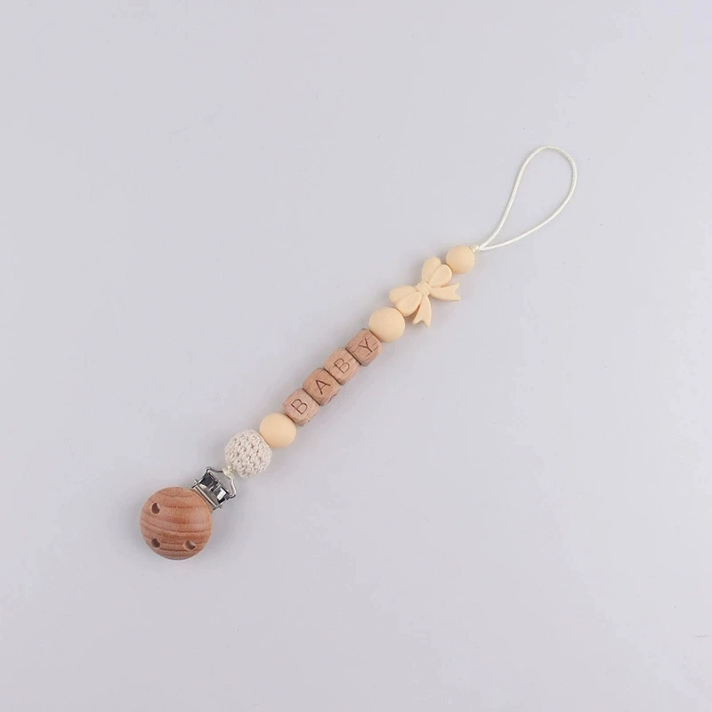 Anpassbare Namens-Baby-Schnullerkette aus lebensmittelechtem Silikon mit Schleife, Anti-Verlust-Clip und Beißspielzeug-Lanyard für Neugeborene