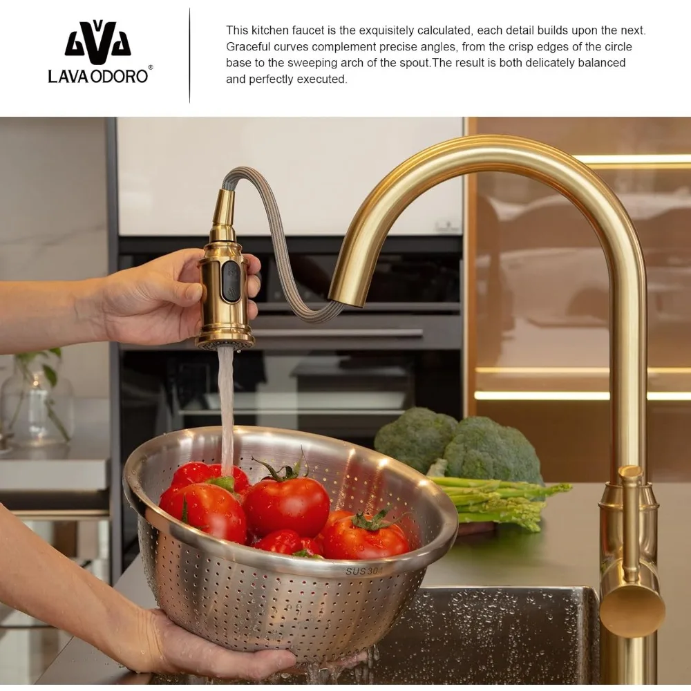 Ausziehbarer Küchenarmatur aus gebürsteter Bronze mit goldenem Spültischmischer und magnetischer Docking