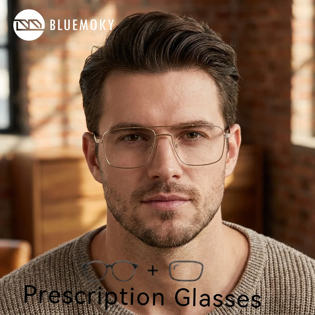 

BLUEMOKY Men's Pilot Progressive Prescription Glasses Anti-Blue Light Photochromic Custom Eyeglasses Myopia Medical Eyewear