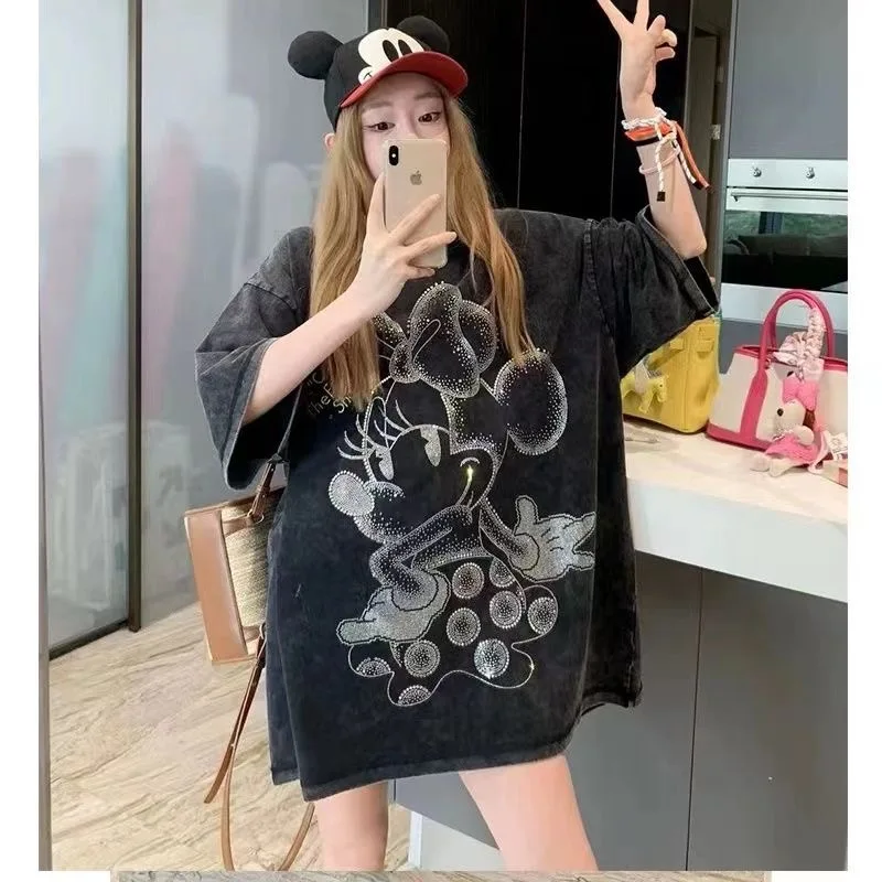 

Harajuku Summer New Fun Mickey Hot Diamond Short Sleeve Tops American Retro Washed 100% Cotton Graphic T Shirts Women Clothes