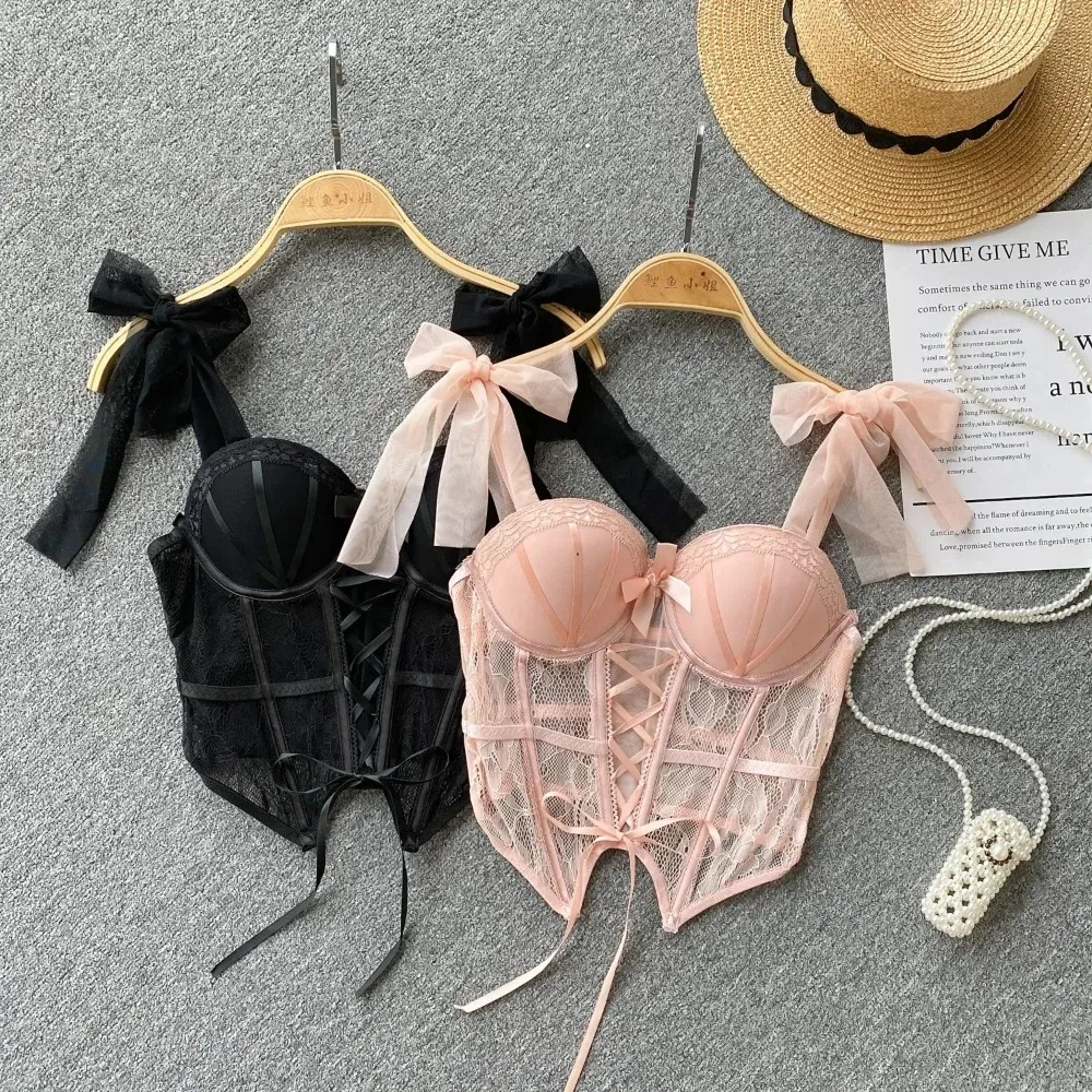 Sexy Mesh Butterfly Bandage Camis Chic Korean Fashion Tank Top Slim Corset Bustier Summer Women Party Club Hotsweet Crop Top