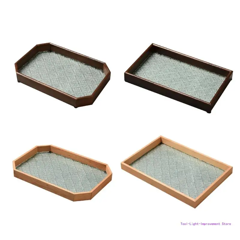 

C63E Vintage Wooden Glass Tray Decorative Serving Trays Platter Rectangular Teas Tray Table Ornaments Holder Tray