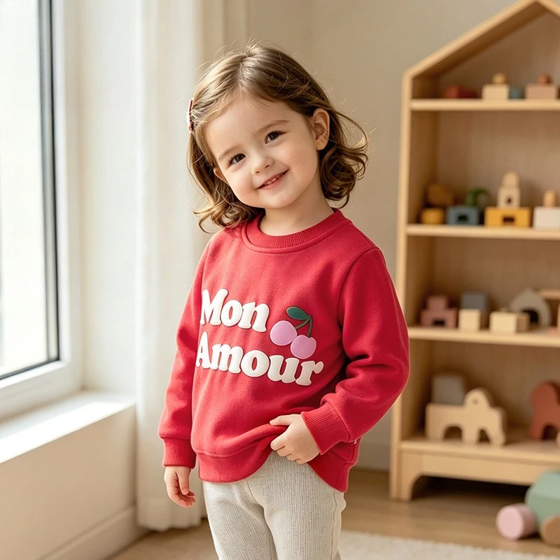 Girls Red Round Neck Sweatshirt 2026 Fall Winter Cherry Letter Foam Print Medium Small Pullover Kids Sweatshirt
