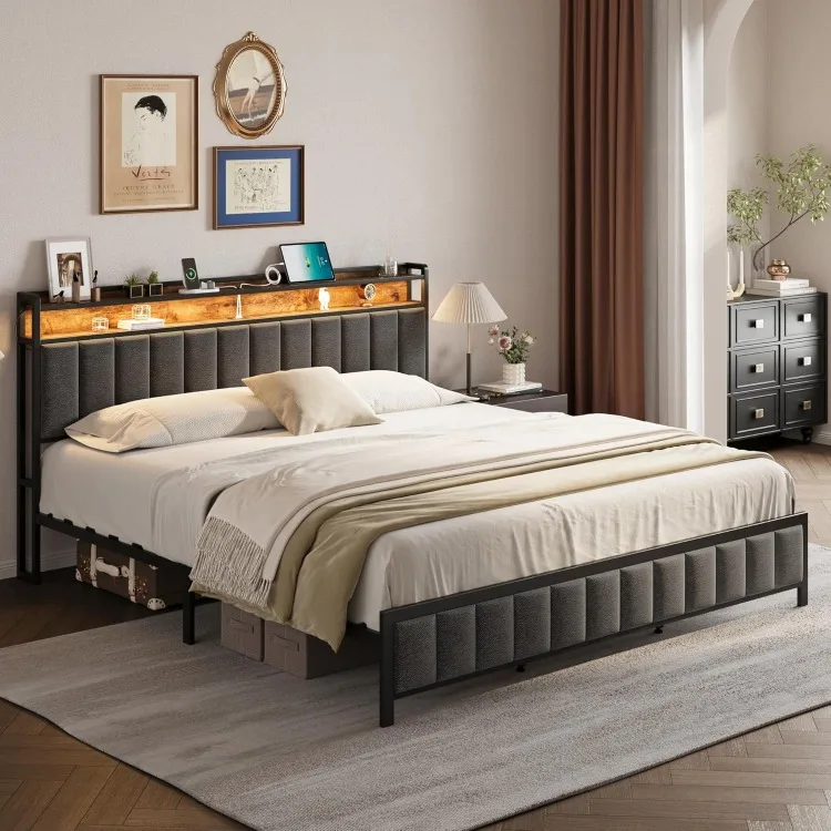 King Bed Frame with Charging Station, Upholstered King Size Bed Frame with LED Lights Headboard, No Box Spring Needed