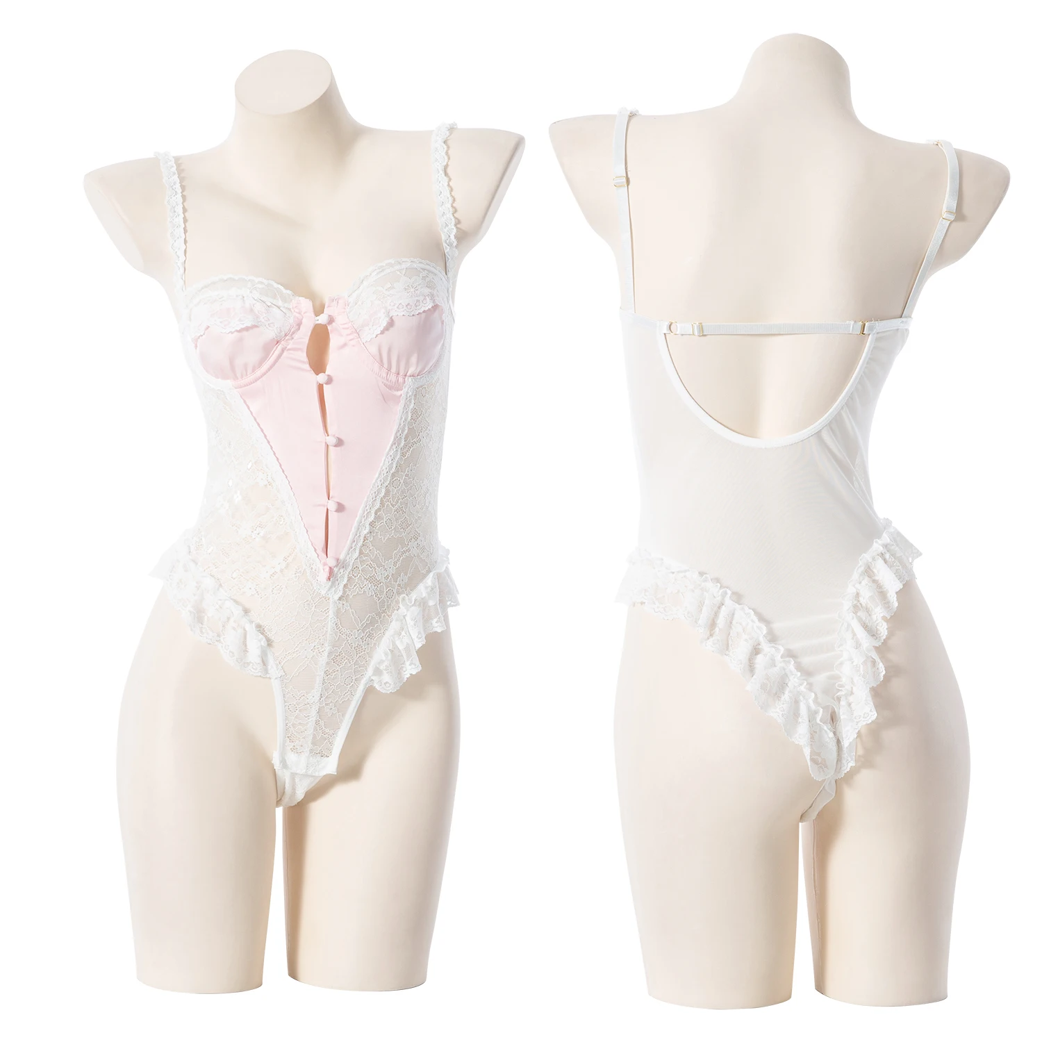 

Girl Cute Exotic Sweet Pink Button Skinny Slim Bodysuits Mesh Lace Transparent Hot Sexy Korean Women Tops Goddess