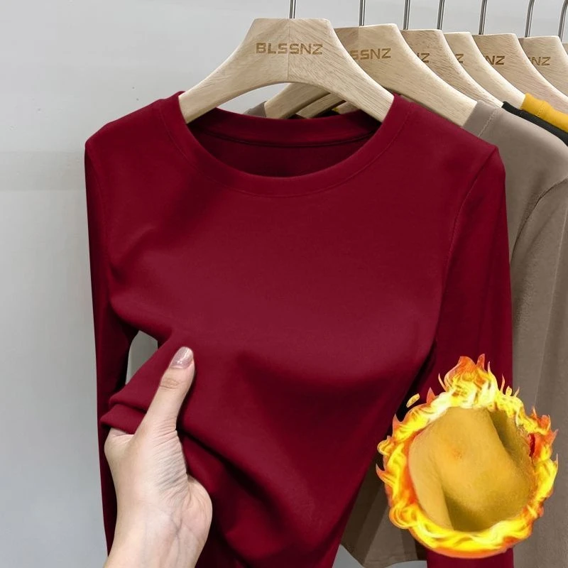 Autumn Thermal Threaded Bottom Shirt Women's Winter New Solid Colorround Neck Long Sleeves T-shirt Tops Sweater Warm Underwear