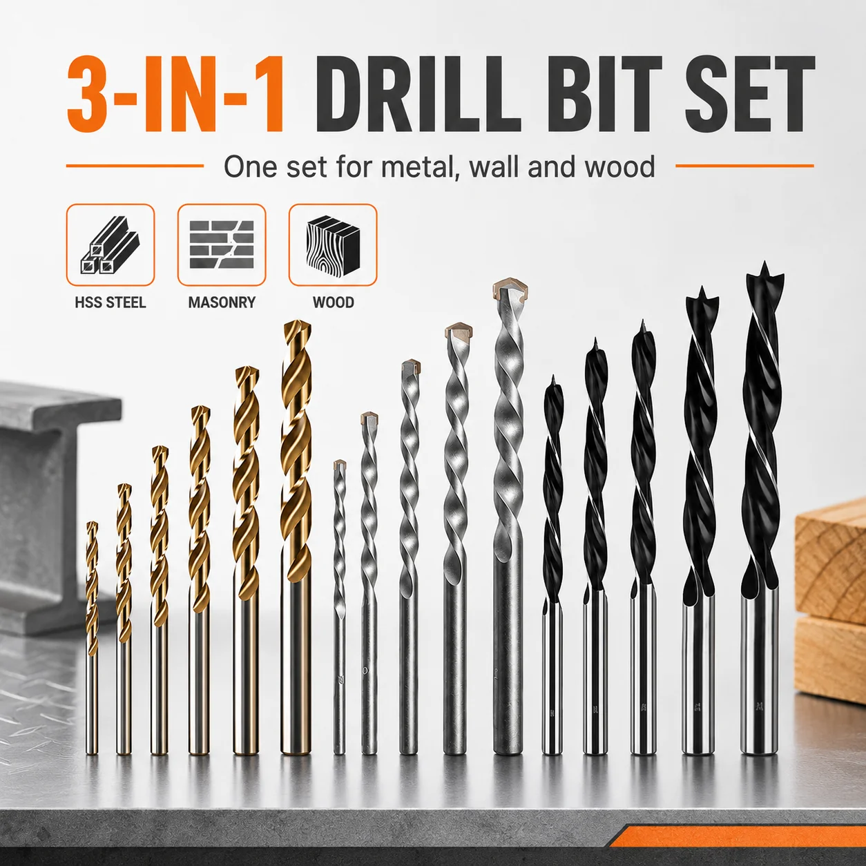 16Pcs 3-in-1 Mixed Drill Bit Set, HSS Steel/Masonry/Wood Drill Bits for Metal, Concrete, Brick & Home DIY Drilling Work
