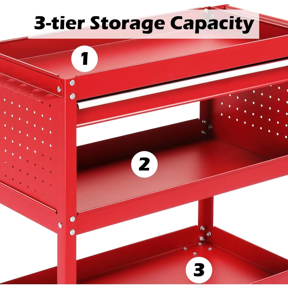 عربة أدوات دوارة من 3 طبقات مع أدراج، عربة أدوات شديدة التحمل على عجلات، صندوق أدوات دوارة للمرآب والمستودعات والمصنع